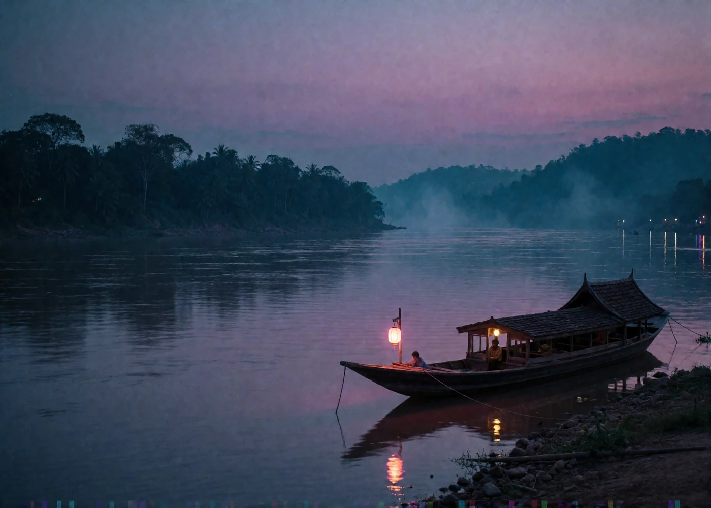 Wide evening view of the Mekong River in Laos with forested hills and a traditional wooden longboat moored near the bank
