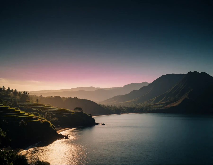 Dusk view of an Indonesian coastline with terraced green headlands and layered volcanic ridges fading into the haze