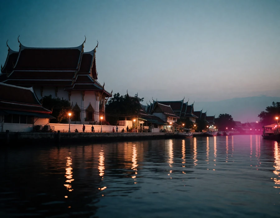 Evening view along a Bangkok riverbend with a traditional temple roofline and reflected lamplight on the water