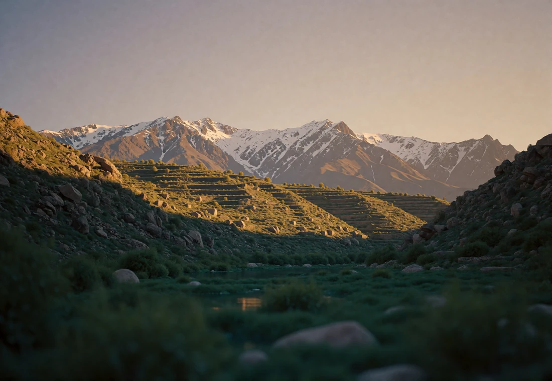 Wide view of a green Tajik river valley with terraced slopes rising toward snow-dusted Pamir peaks at dusk
