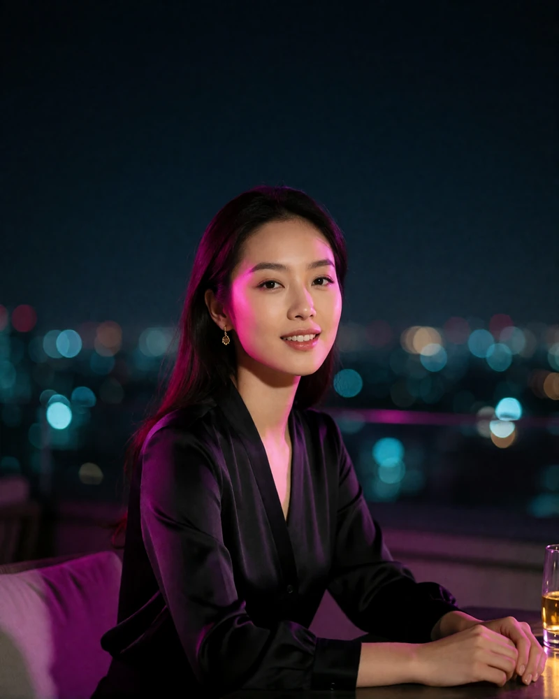 Chinese woman in her late twenties in a black silk blouse seated at a rooftop lounge table at night
