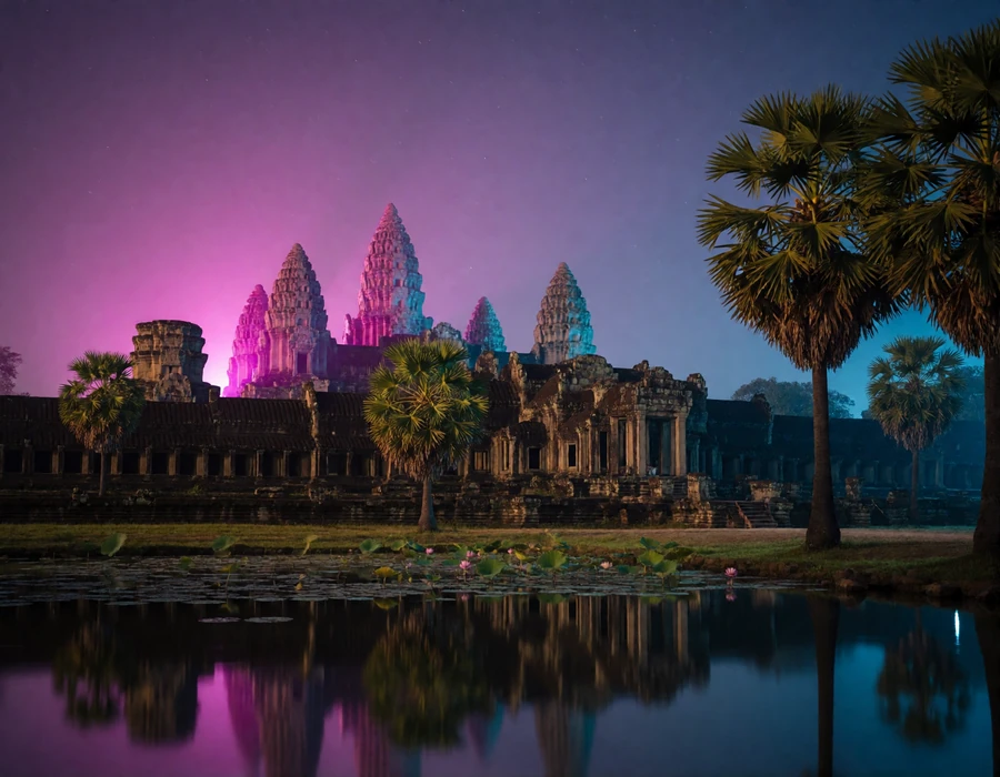Ancient Cambodian stone temple complex reflected in a lotus pond at sunrise, its tiered towers rising above the water