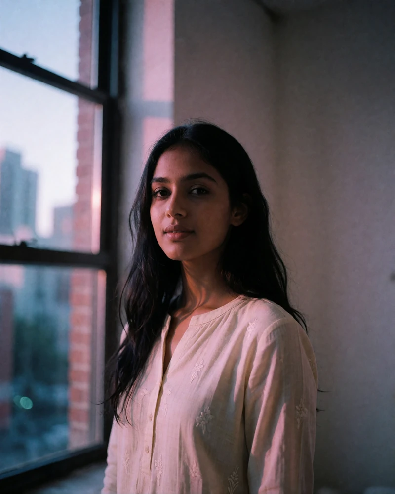 Afghan woman in her mid twenties in a soft cream tunic standing beside a tall window with evening light