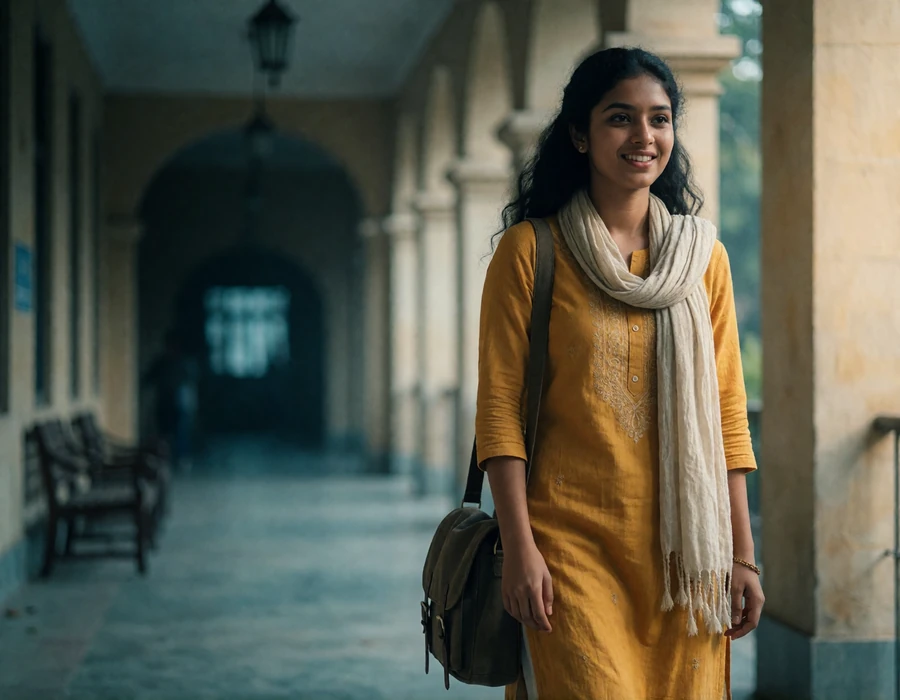 Young Bangladeshi woman walking through a shaded university colonnade in Dhaka
