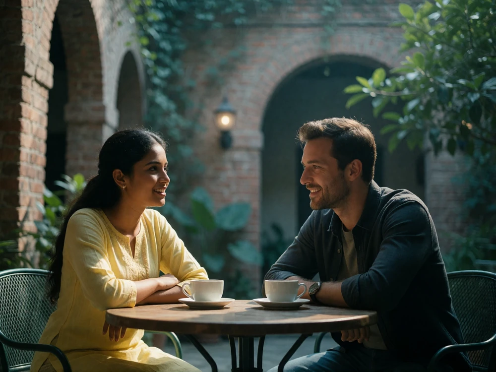 Bangladeshi woman in a yellow kurti and a Western man sitting at a courtyard table sharing tea