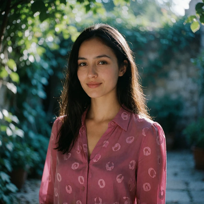 Tajik woman in her late twenties in a rose blouse smiling in a shaded courtyard garden