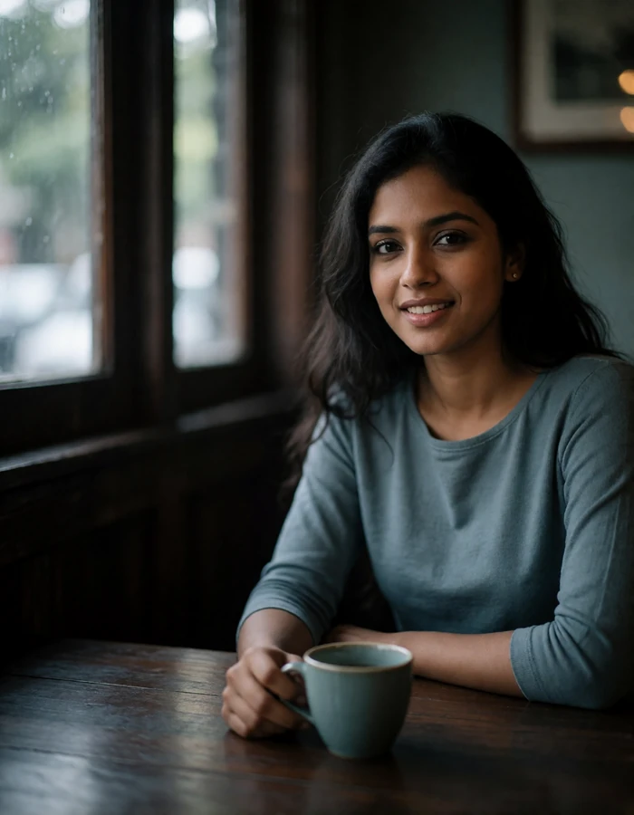 Bangladeshi woman in her late twenties in a slate-blue top at a wooden cafe table, a verified member of the Bangladeshi Dating community