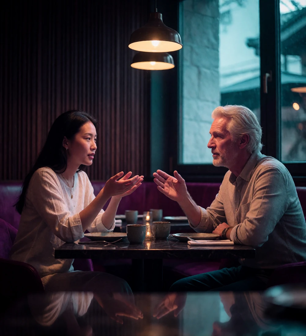 Young Asian woman and an older Western man in unhurried conversation across a restaurant table at night