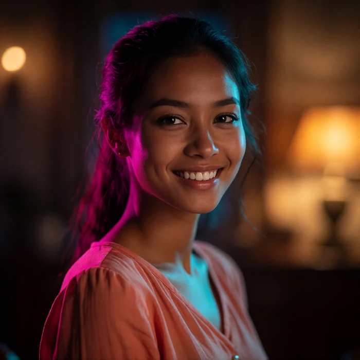 Cambodian woman in her mid twenties smiling warmly in a dimly lit interior with soft amber lighting