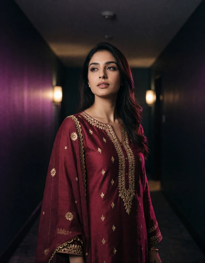 Pakistani woman in her early thirties in a deep maroon silk kameez with gold embroidery in a dim hotel gallery
