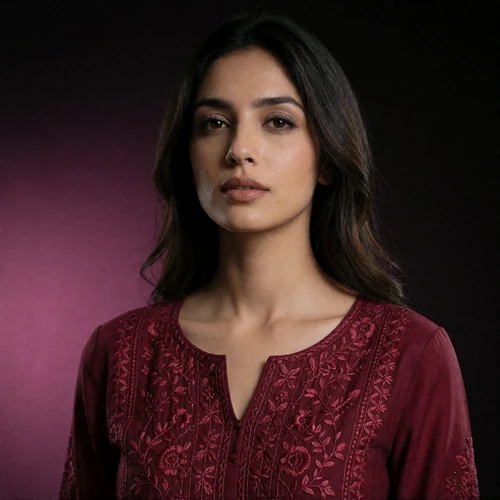Portrait of a Pakistani woman in a deep maroon embroidered top, a verified member of the Pakistani Dating community