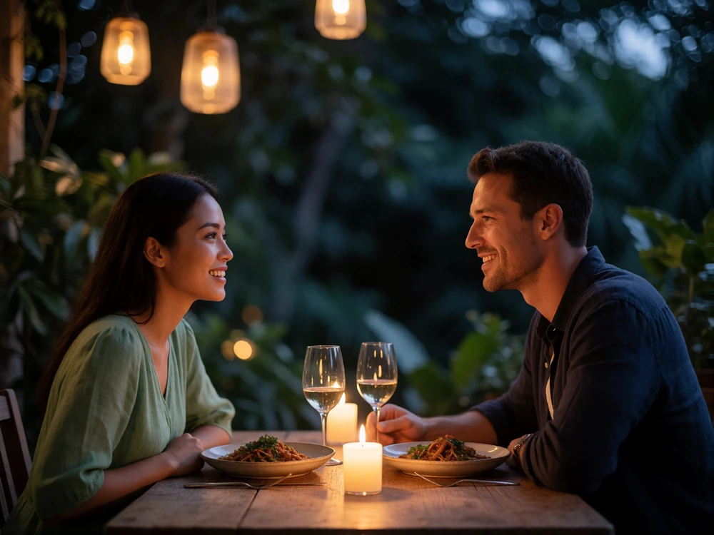 Indonesian woman in a green blouse and a Western man sharing a relaxed evening meal at a wooden terrace table