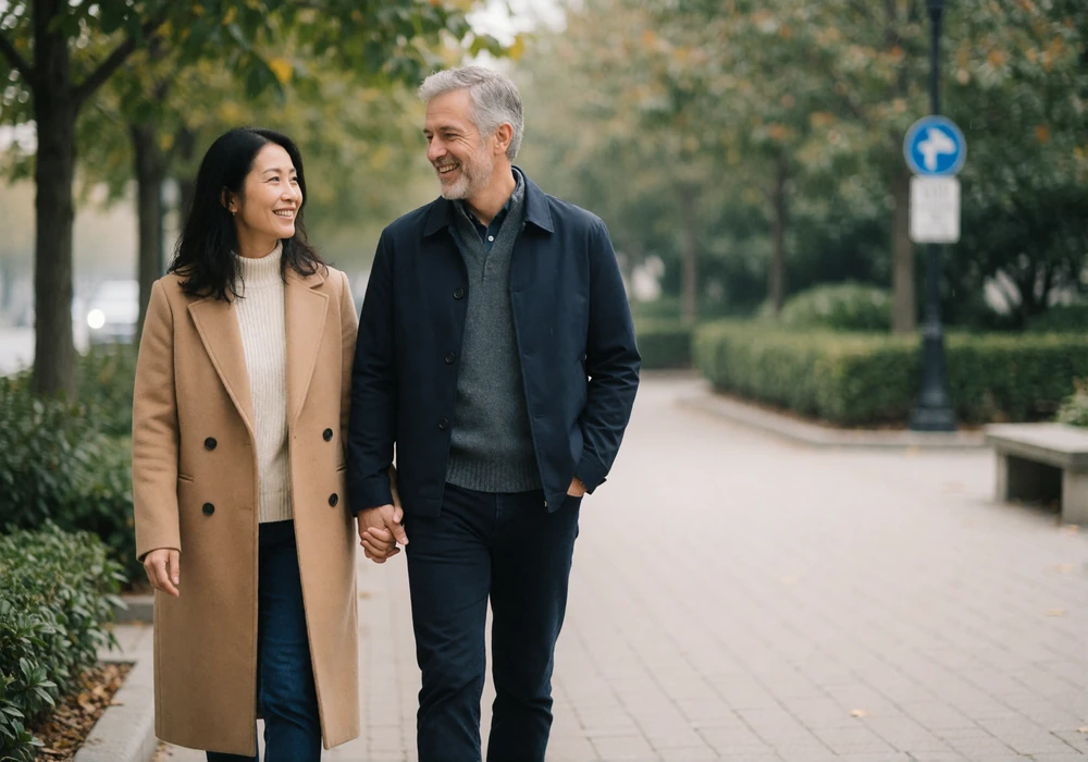 Couple in their late forties walking hand in hand along a quiet tree-lined promenade
