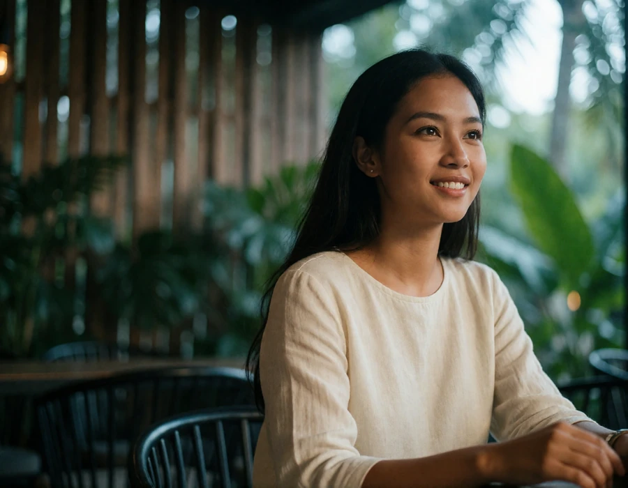 Young Indonesian woman in a cream linen top smiling candidly at an open-air cafe table