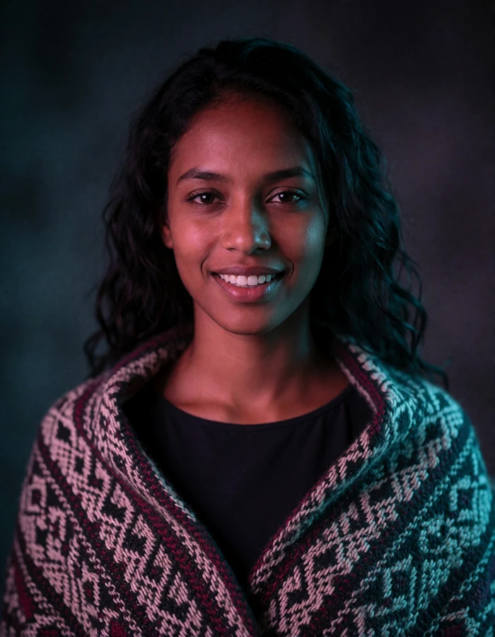 Timorese woman in her late twenties wearing a handwoven patterned wrap over a plain dark top, a verified member of the Timorese Dating platform