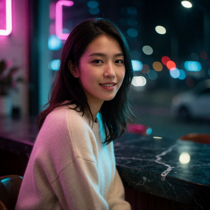 Taiwanese woman in her late twenties in a cream knit sweater seated at a marble café counter at night