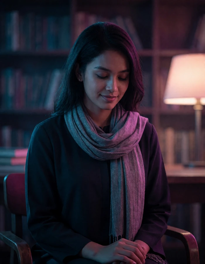Bruneian woman in her mid twenties with a softly draped scarf seated in a quiet reading room