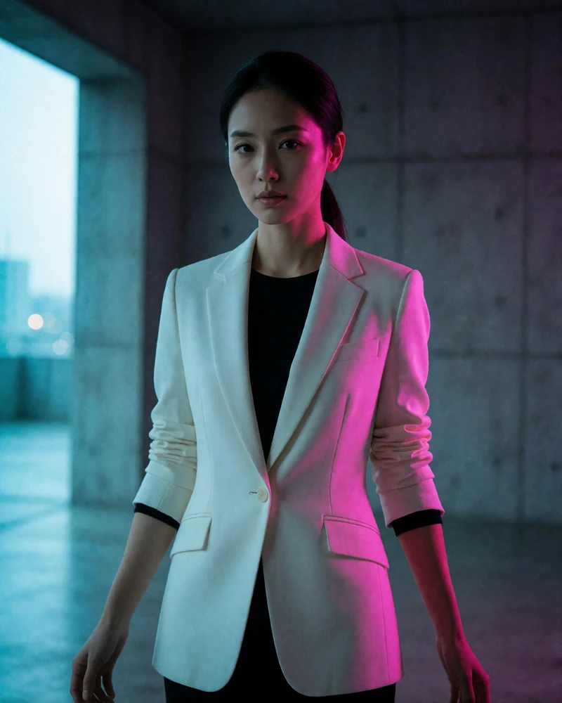 Japanese woman in her early thirties in an ivory blazer standing in a minimal concrete interior