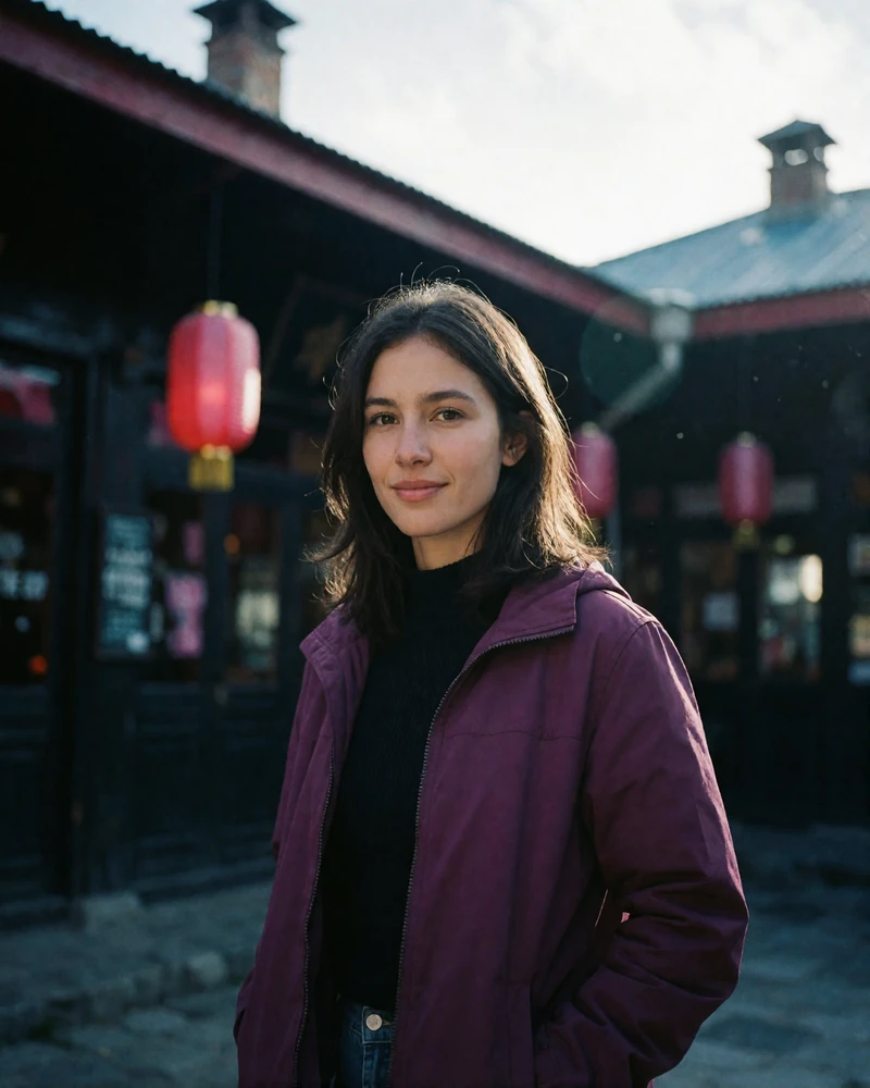 Nepali woman in her late twenties in a plum jacket standing in a dark city courtyard at dusk