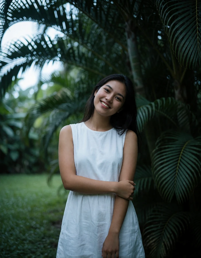 Indonesian woman in her mid-twenties in a white cotton dress smiling in a shaded tropical garden