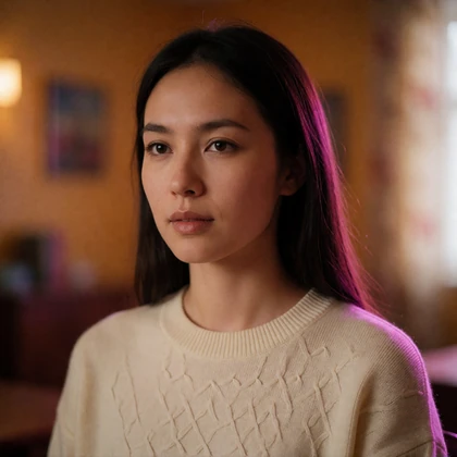 Portrait of a Kyrgyz woman in her late twenties in a cream sweater, a verified member of the Kyrgyz Dating community