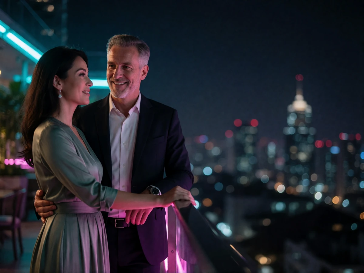 Malaysian woman and Western man in smart evening clothing standing together at a rooftop terrace railing at night