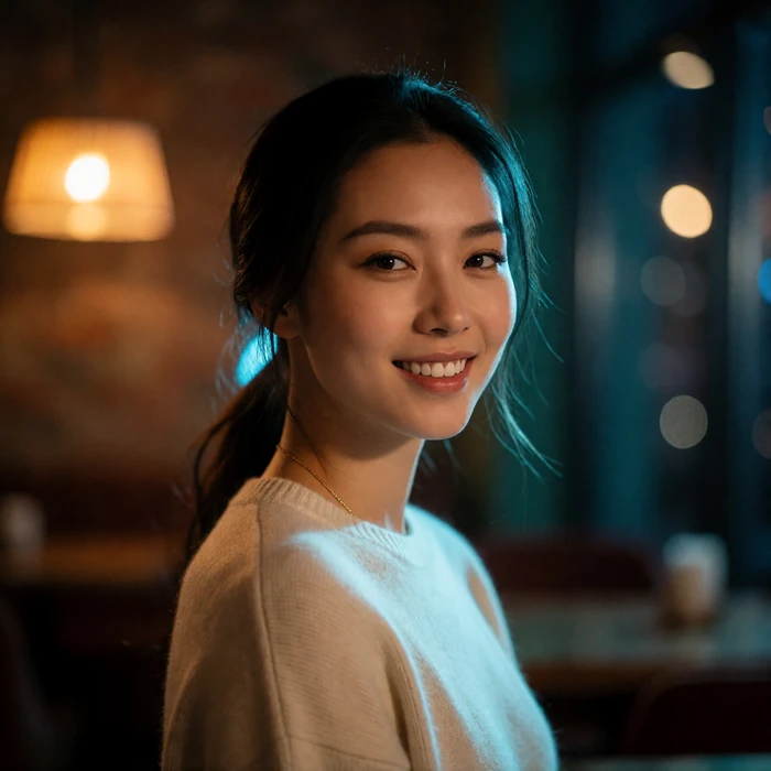 Mongolian woman in her late twenties smiling in a warm modern café