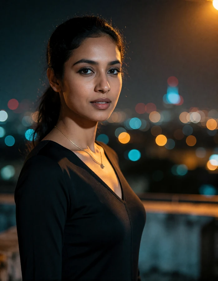 Indian woman in her early thirties on a night rooftop terrace, a verified member on the Indian Dating platform