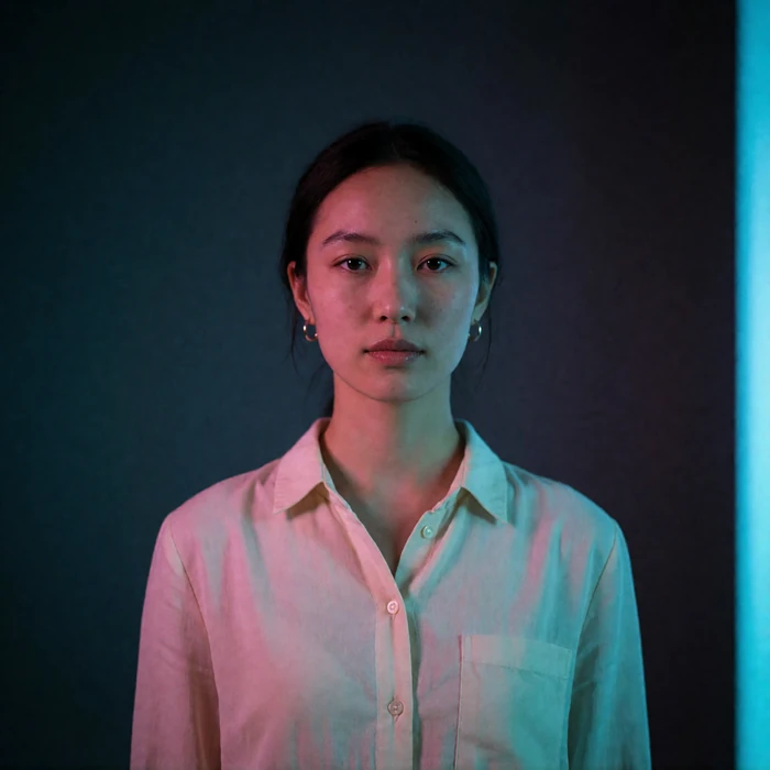 Mongolian woman in her mid twenties in a minimalist dark interior