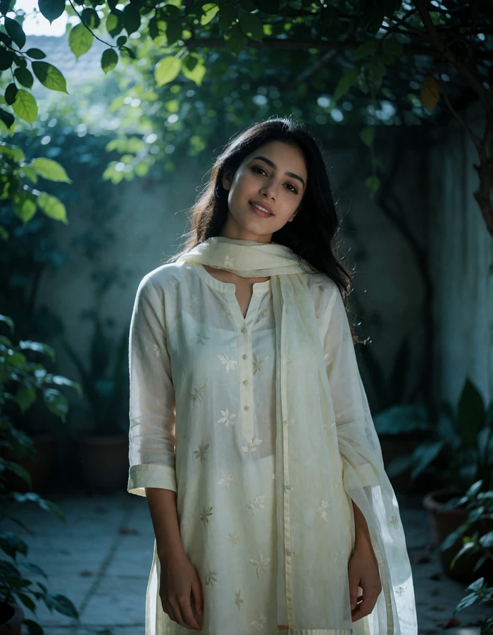 Pakistani woman in her mid-twenties in a soft ivory kurta smiling openly in a shaded garden courtyard