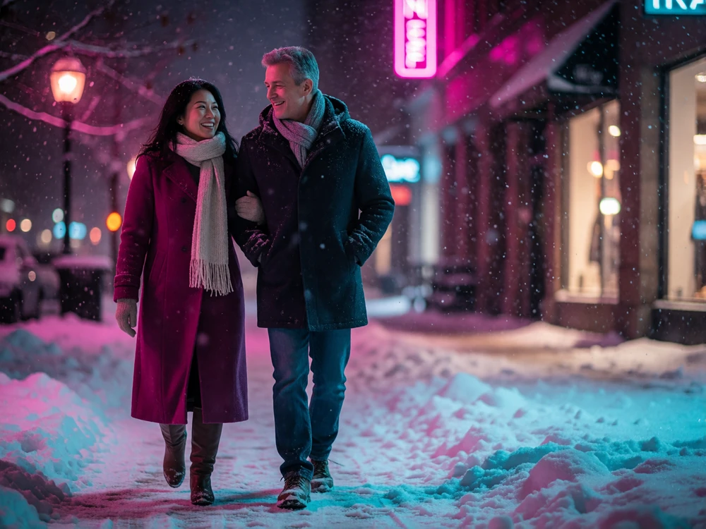 Couple walking arm in arm along a snowy city boulevard at night, smiling at each other