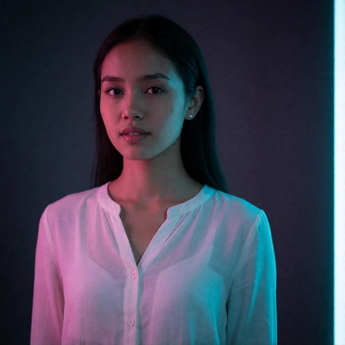 Cambodian woman in her late twenties standing in a minimalist studio interior with an open, honest expression