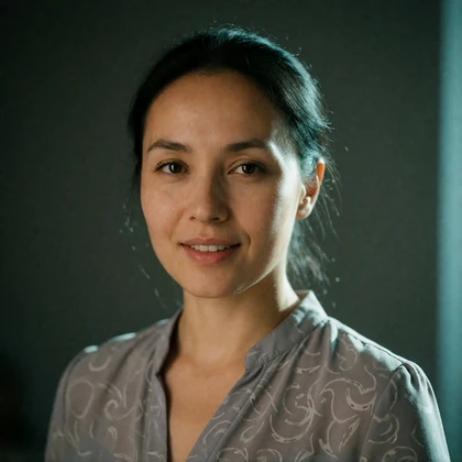 Portrait of a Kazakh woman in her thirties in a soft grey blouse, a verified member of the Kazakh Dating community