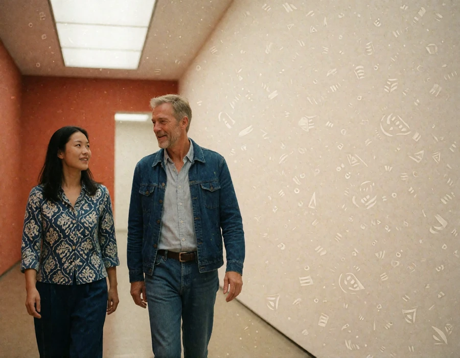 Asian woman and an older Western man walking together through a bright minimal art gallery corridor