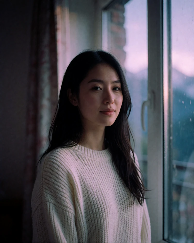 Bhutanese woman in her mid twenties in a cream knit sweater standing beside a tall window in soft evening light
