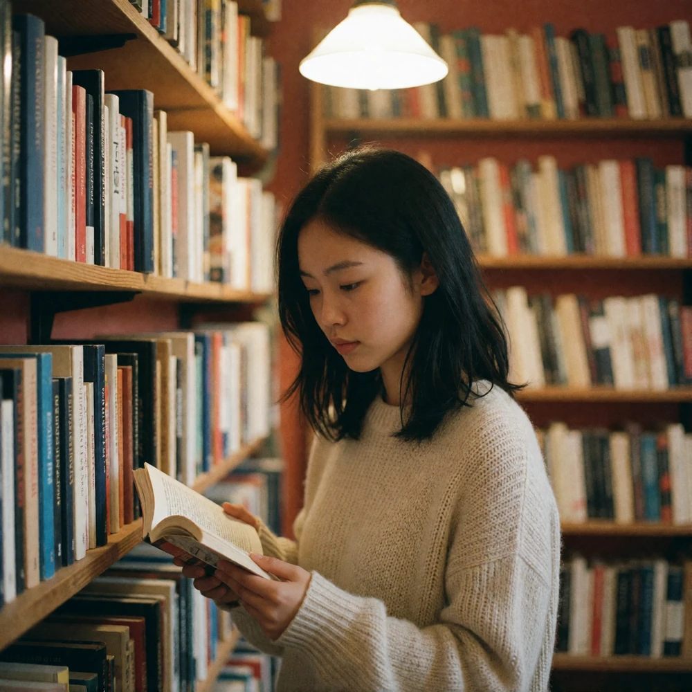 Young Asian woman in a knit sweater browsing shelves in a warmly lit independent bookshop