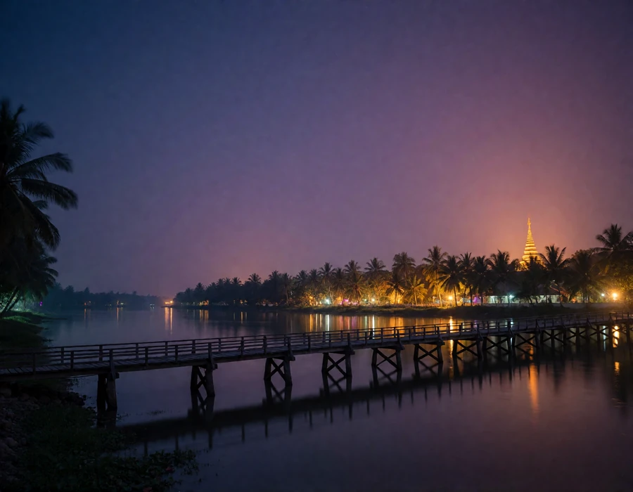 Wide Southeast Asian river at dusk with a long wooden footbridge and a distant golden-lit stupa silhouette on the horizon