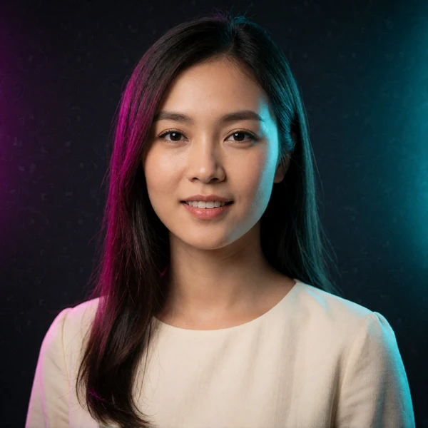 Portrait of a Vietnamese woman in her early thirties in a cream blouse, a verified member of the Vietnamese Dating community