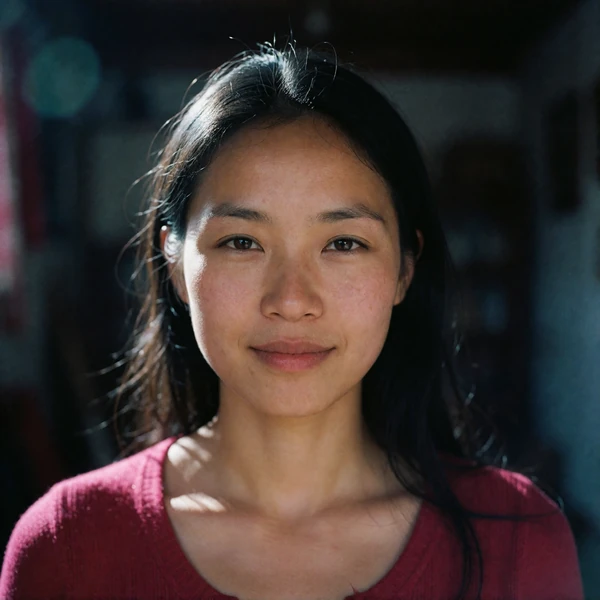 Portrait of a Bhutanese woman in her late twenties in a deep red top, a verified member of the Bhutanese Dating community