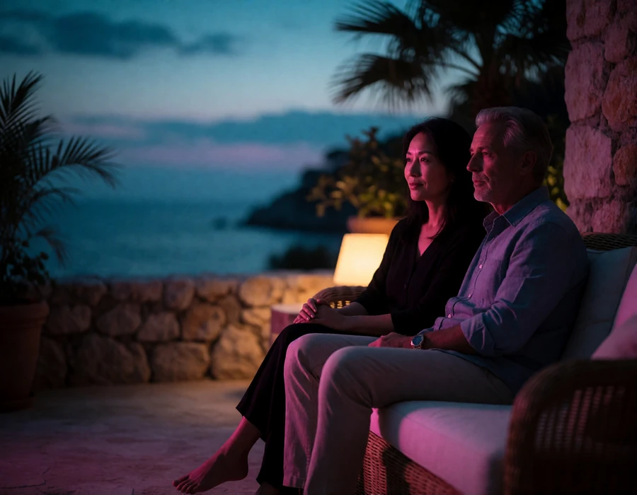 Asian woman and older Western man sitting together on a seaside terrace at dusk overlooking the water