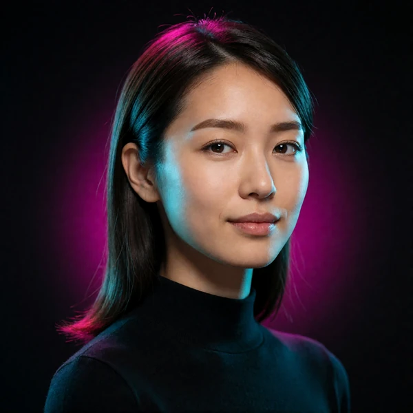 Portrait of a Japanese woman in her late twenties in a black high-neck top, a verified member of the Japanese Dating community