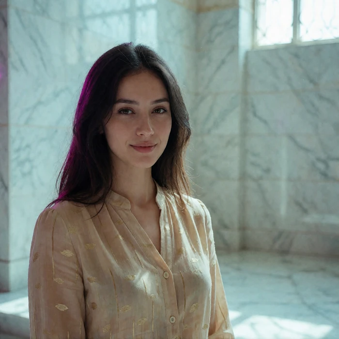Turkmen woman in her late twenties in a sand-colored blouse smiling gently in a bright marble atrium