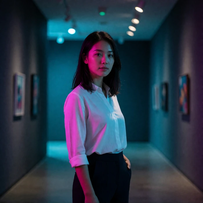 Taiwanese woman in her mid twenties standing in a minimalist contemporary art gallery corridor