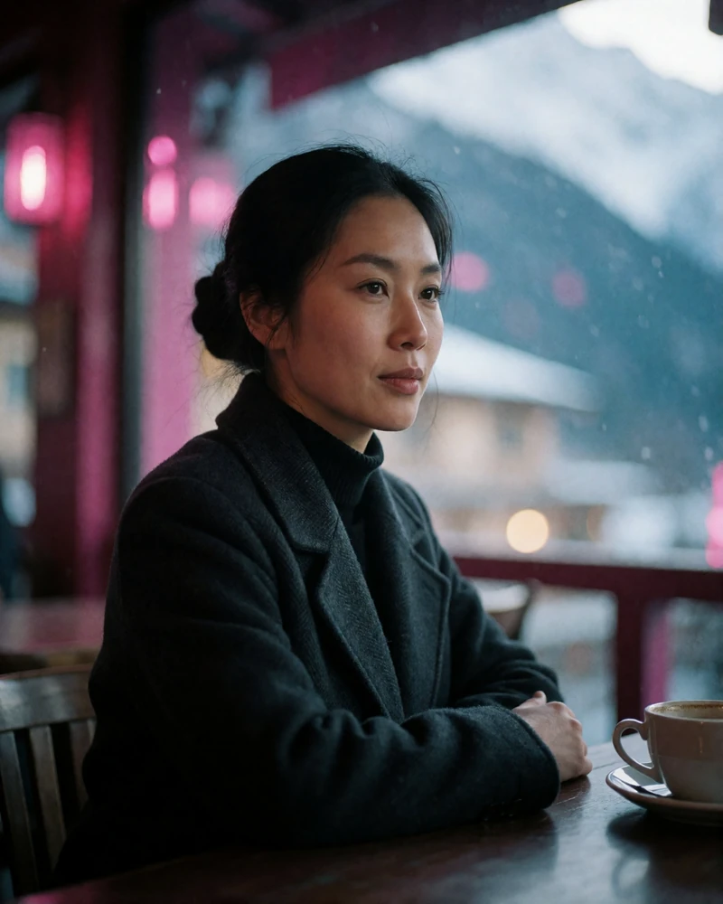 Bhutanese woman in her early thirties in a charcoal coat seated at a dim cafe table with warm bokeh behind her