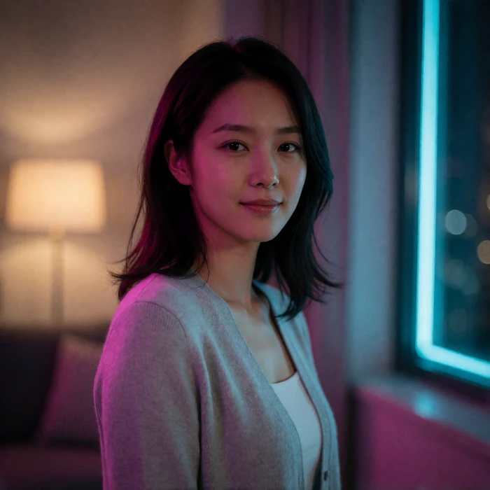 North Korean diaspora woman in her late twenties in a pale grey cardigan near a window at night