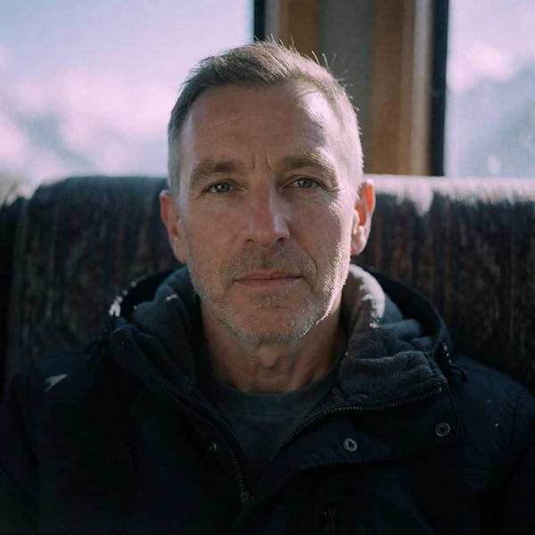 Portrait of an older Western man in his late forties in a dark jacket, a verified member of the Nepali Dating community