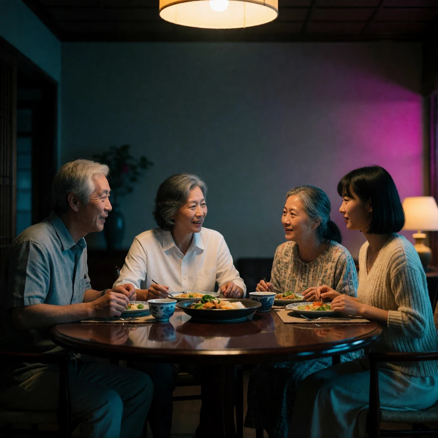 Three generations of an Asian family sharing conversation over a home-cooked dinner