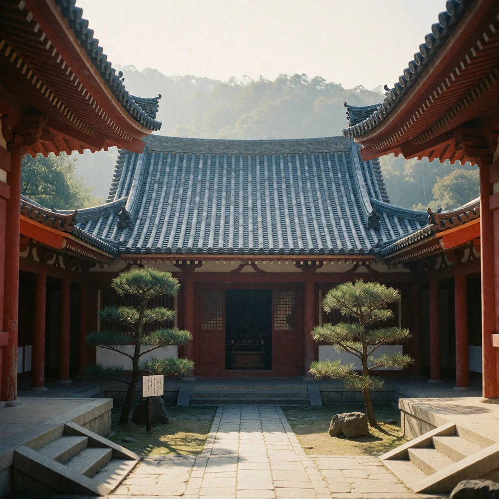 Quiet heritage temple courtyard with tiled sweeping roofs, red timber columns and clipped pines in morning haze