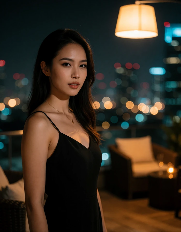 Thai woman in her early thirties in a black sleeveless dress on a rooftop lounge at night