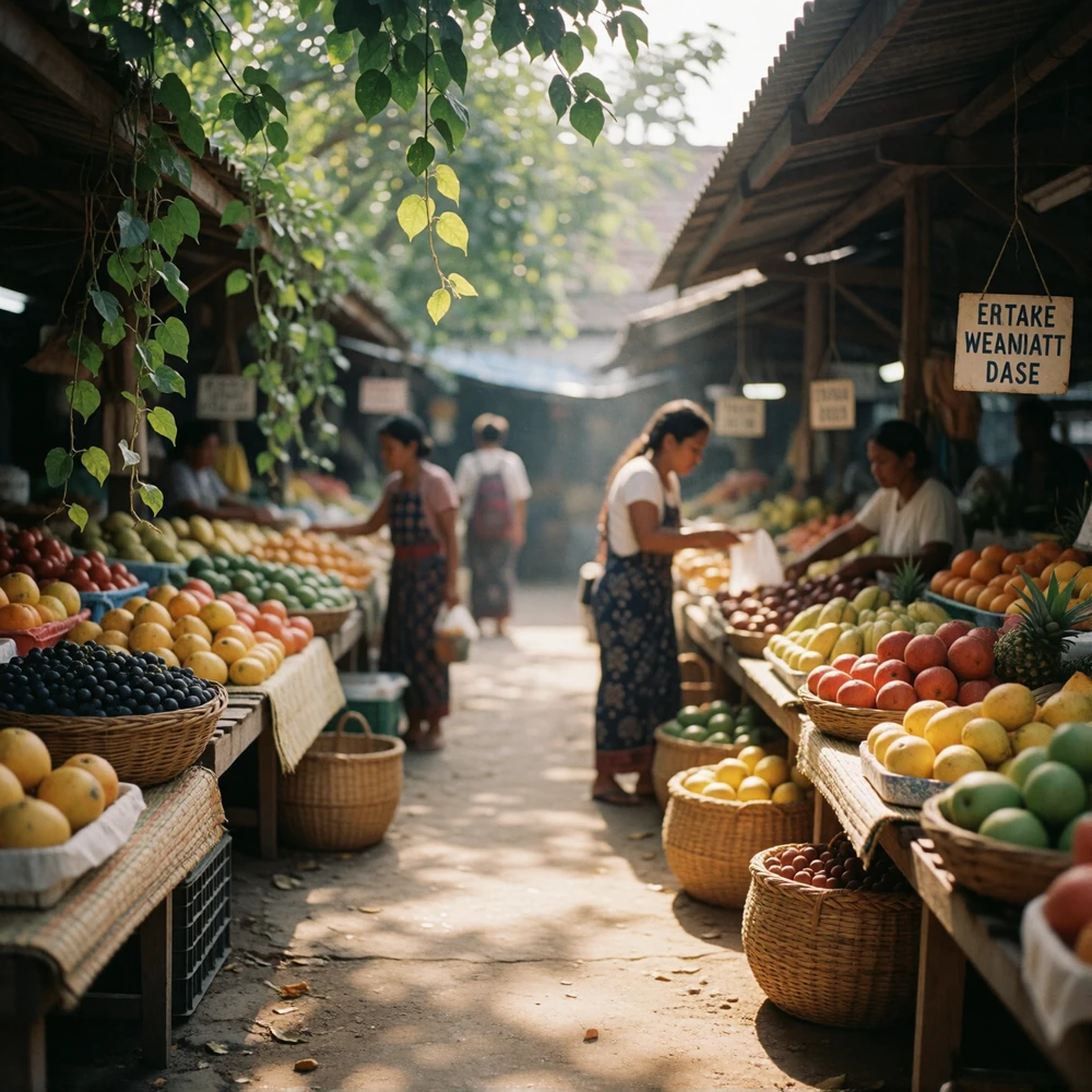 Southeast Asian open-air morning market lane with baskets of tropical fruit and hanging greenery in warm dappled sunlight